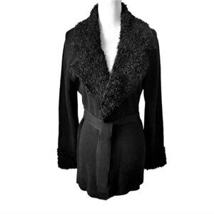 Max Studio Black Belted Cardigan Sweater Faux Fur Shawl Collar Cozy Knit Size L